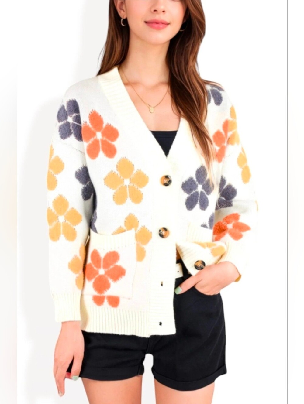Anna-Kaci Women's Button-Up Knit Cardigan with Floral Print and Front Pockets - Picture 1 of 7